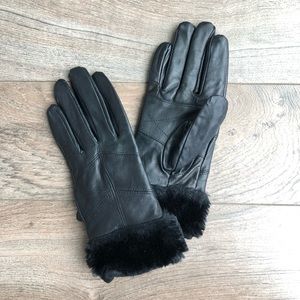 Genuine Black Leather Gloves Faux Fur Trim